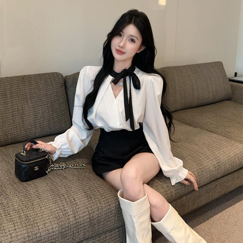 足浴足疗技师工作服减龄套装女秋季蝴蝶结绑带衬衫高腰短裤两件套