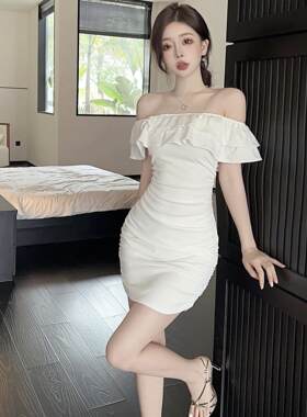 法式辣妹一字领双层荷叶花边抹胸连衣裙女性感露肩收腰显瘦包臀裙
