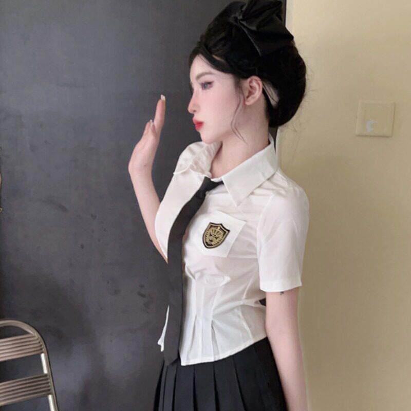 夏季白色衬衫女制服纯欲领带英伦学院风足浴技师工作服短款上衣