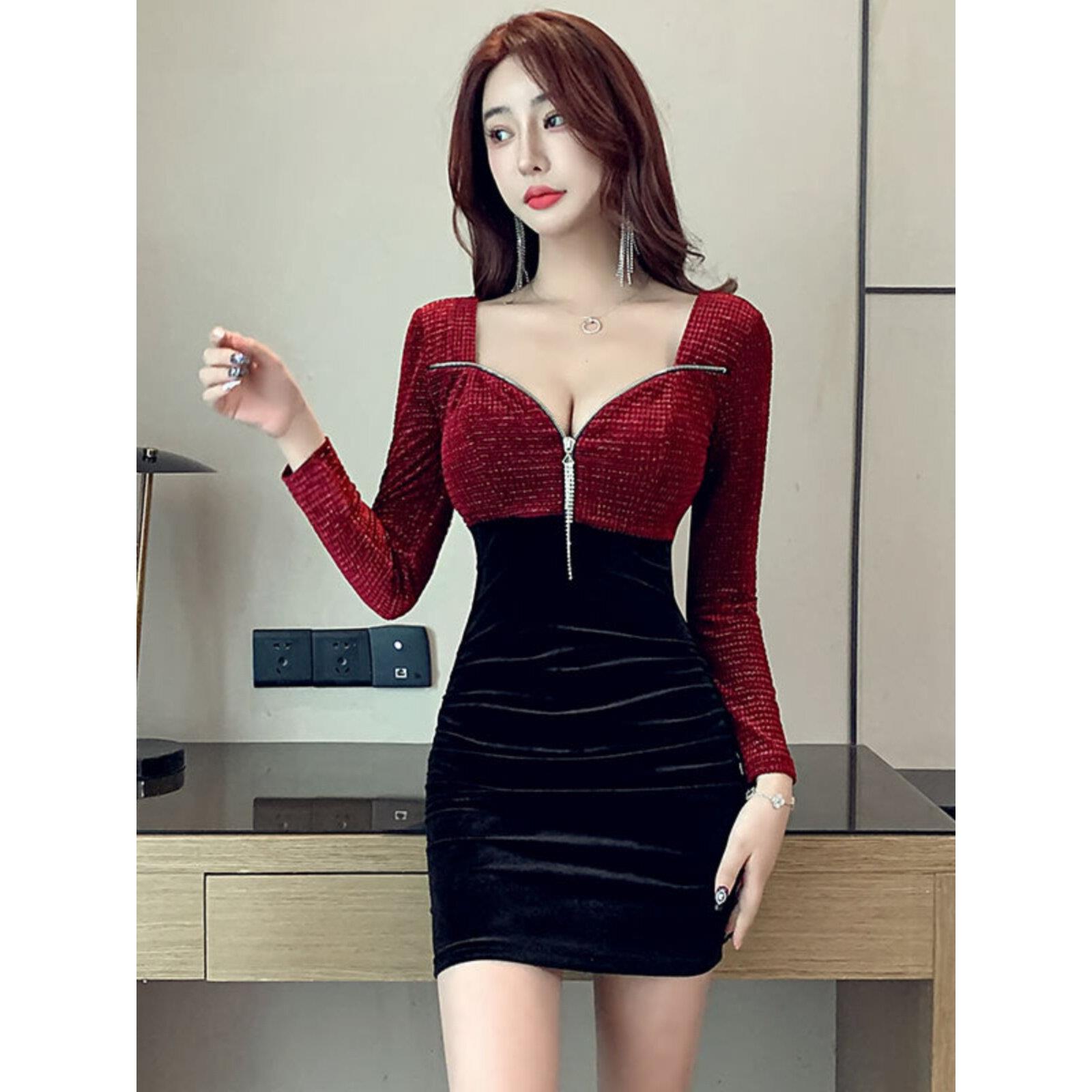 夜总会工作服健康水疗桑拿技师短裙足浴按摩臀部拉炼性感丝绒连衣