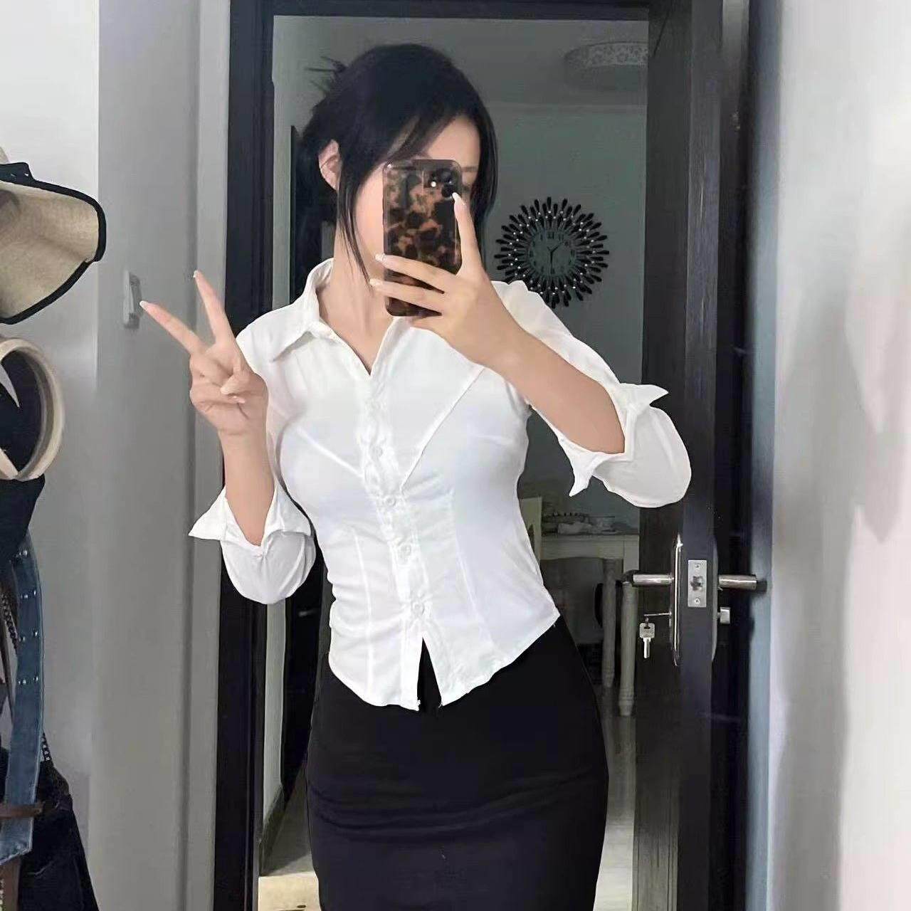 收腰长袖衬衫女春秋职业装工作服修身性感白衬衣设计感短款高级感