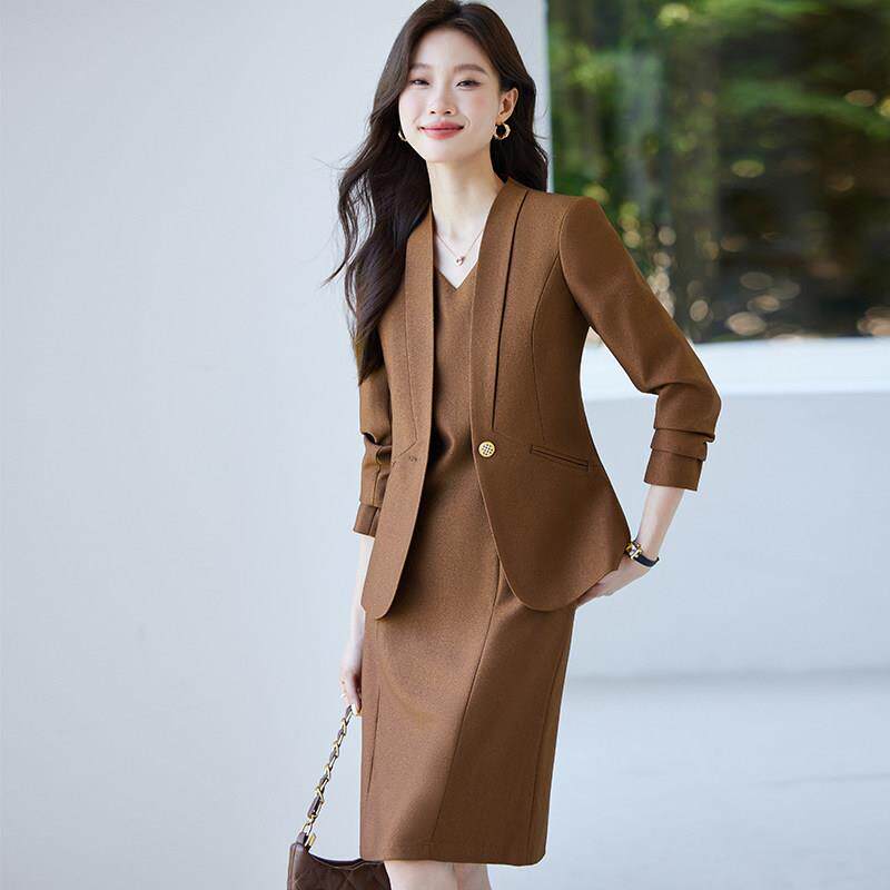 时尚套装女2025新款无领西装裙子两件套时髦洋气职业套装裙工作服