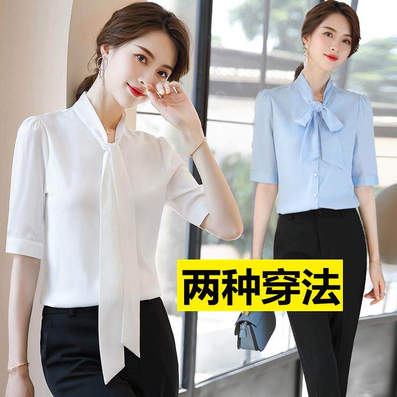 雪纺衬衫女中袖设计感小众气质洋派衬衫夏薄款时尚蝴蝶结职业上衣