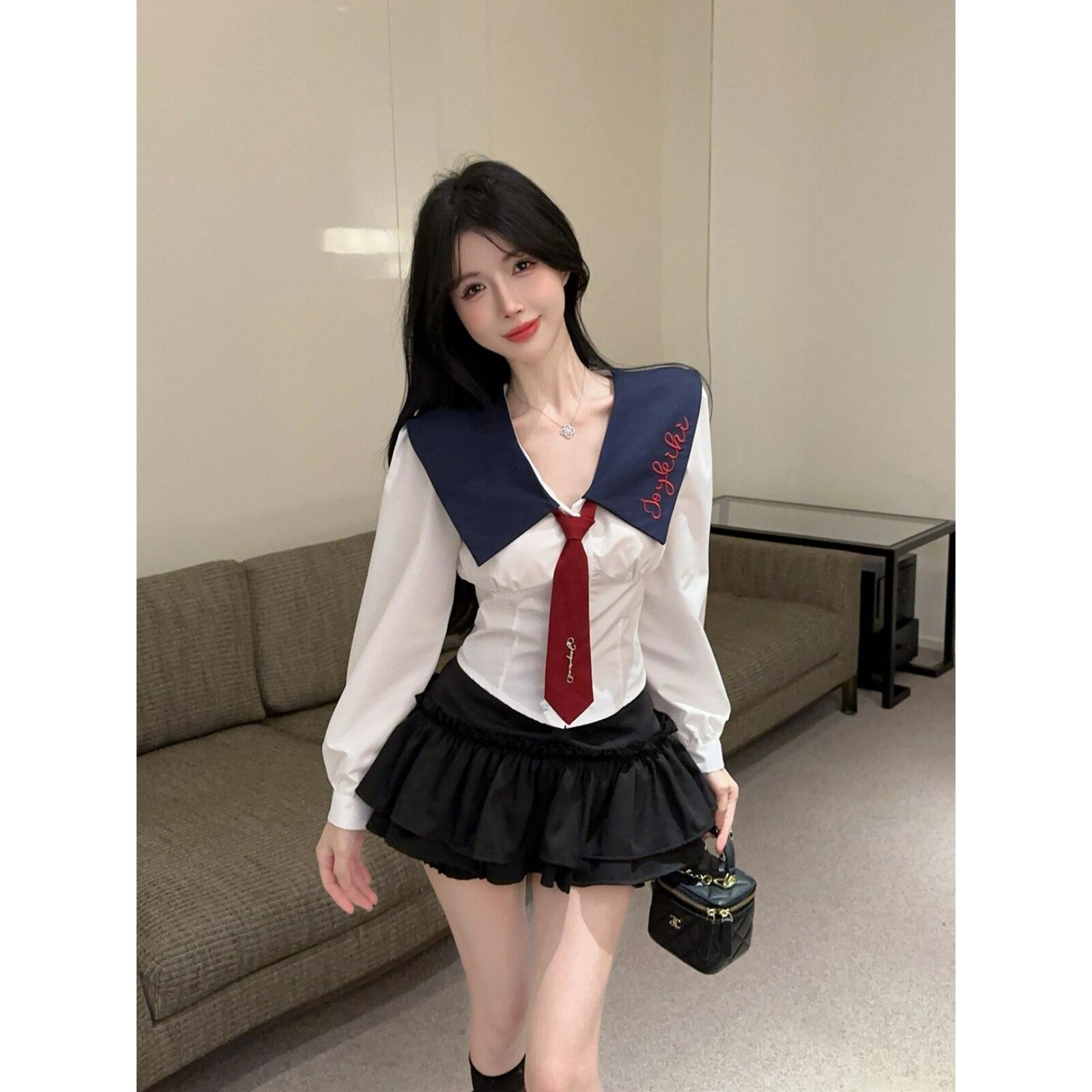 2025秋季新款学院风长袖领带衬衫女娃娃领拼色韩版工作制服上衣