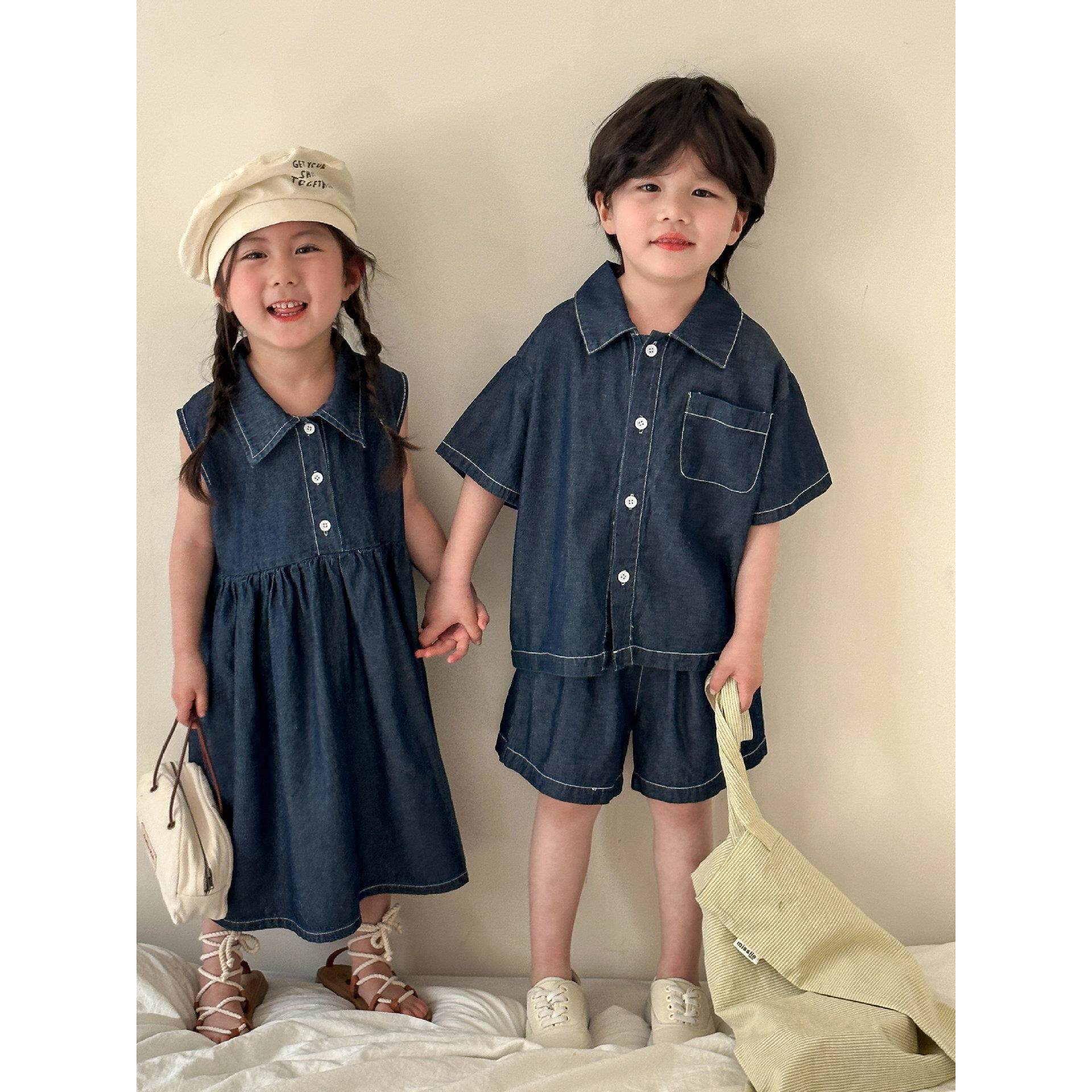 2025新款儿童夏季牛仔套装男童休闲宝宝洋气女童背心连衣裙兄妹装