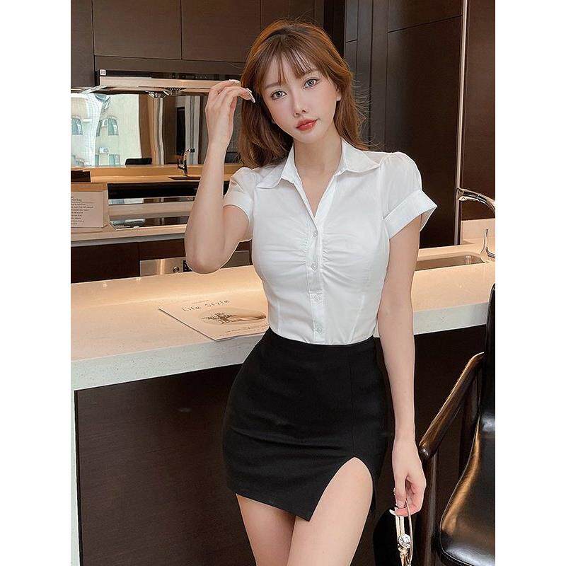性感修身职业工作服衬衫女套装夏季新款纯欲包臀短裙制服两件套