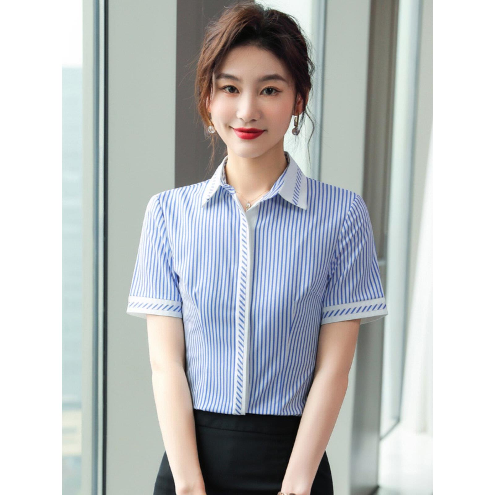 酒店工作服女式夏季短袖蓝条纹衬衫餐厅服务员职业套装酒店衬衫