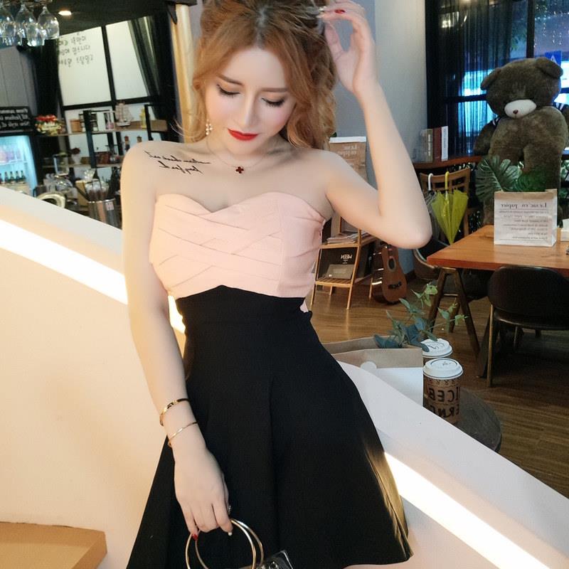 夜总店伞摆字裙夜场性感抹胸短裙修身收腰露肩背松紧连衣裙夏裙