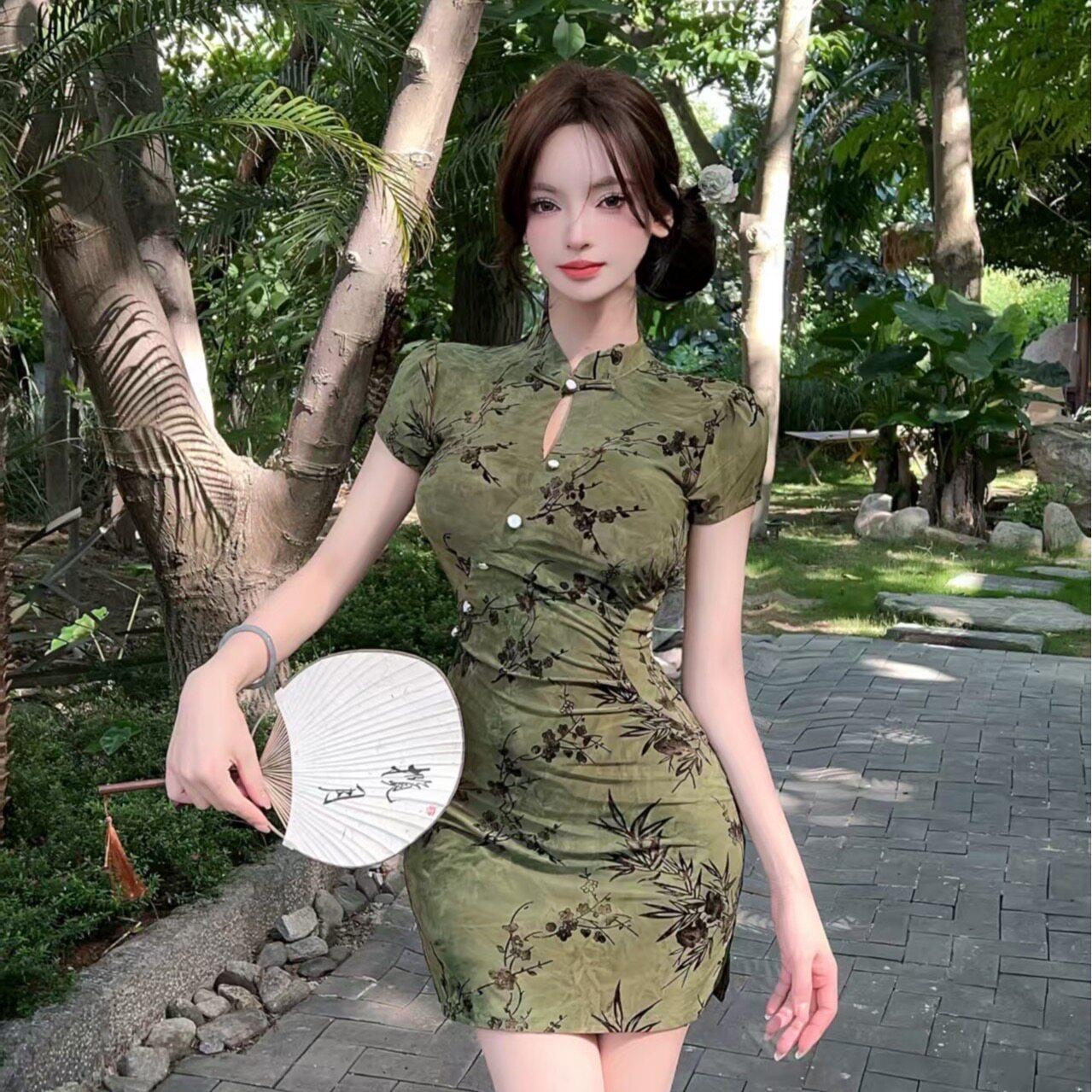 夜总会工作服辣妹性感花色镂空包臀连衣裙女收腰显瘦改良旗袍短裙