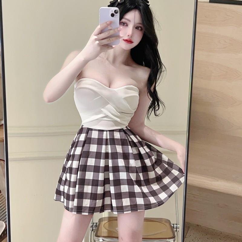 夜服场上班衣抹胸连衣裙高级感性感格子拼接抹胸纯欲小个子辣妹装