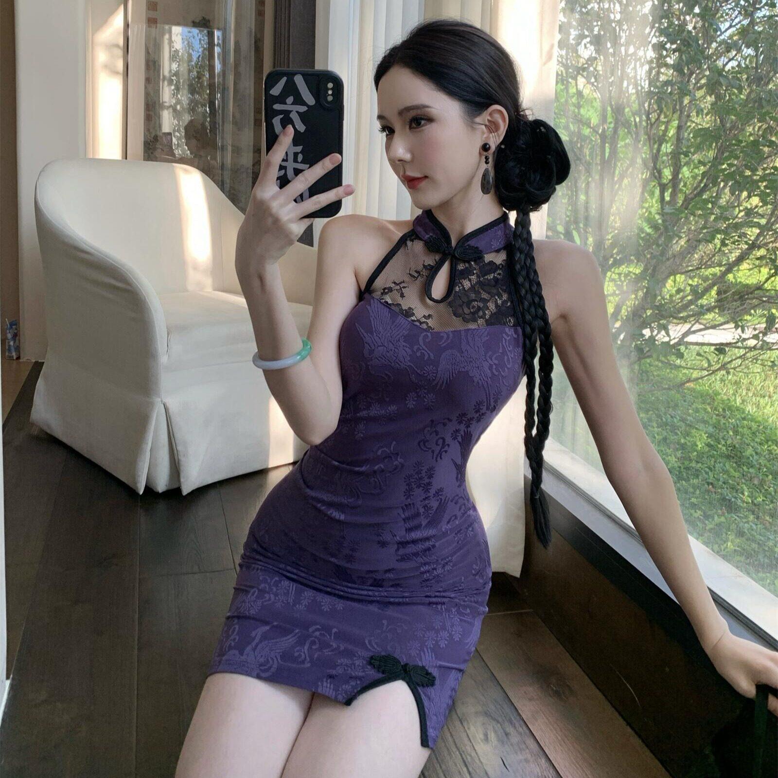 夏季新中式年轻款少女改良旗袍蕾丝拼接性感连衣裙直播女主播衣服