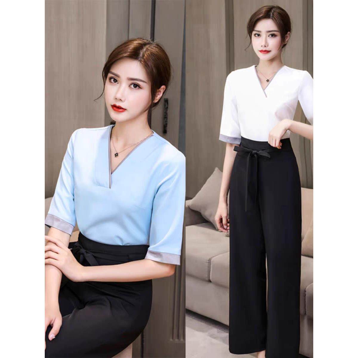 新款足疗技师工作服中袖足浴店沐足气质套装夏美容师养生馆女服装