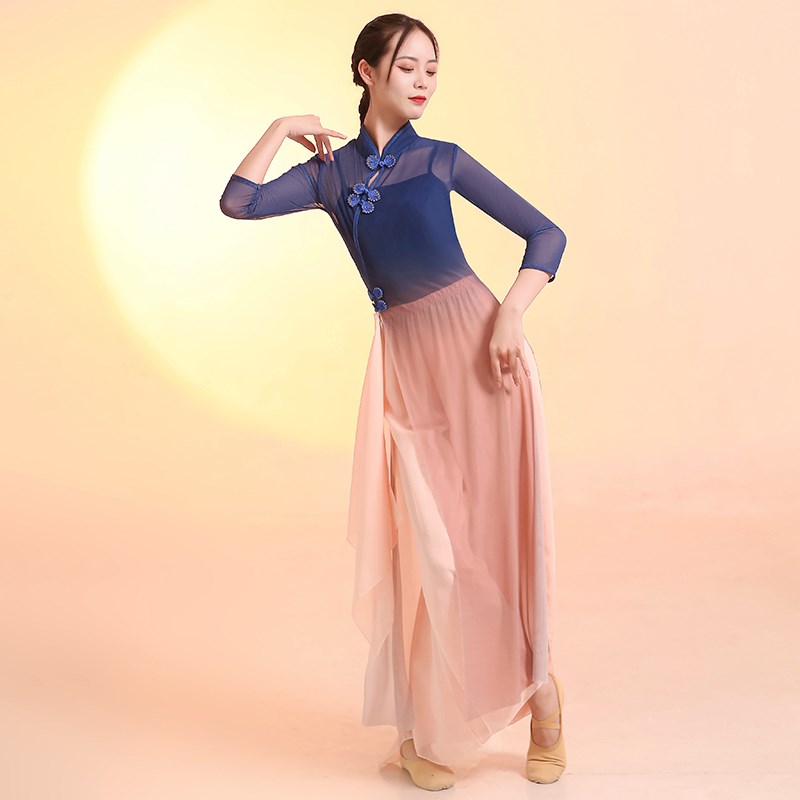 古典舞渐变高弹力旗袍飘逸舞蹈服身韵时尚纱衣贵族瑜伽形体舞套装