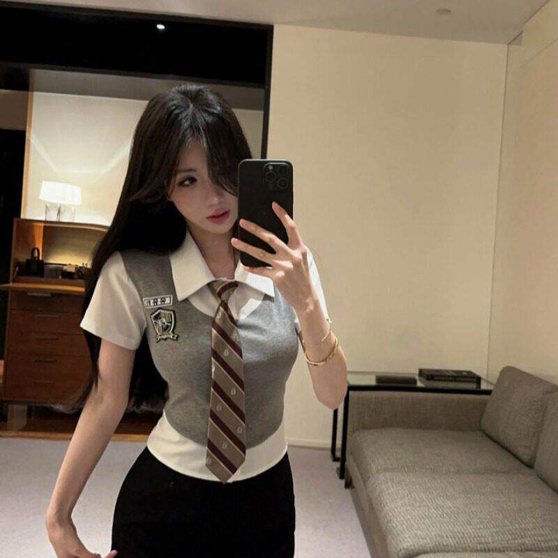 2026夏季新款纯欲制服拼接假两件恤女学院风修身韩版短袖上衣