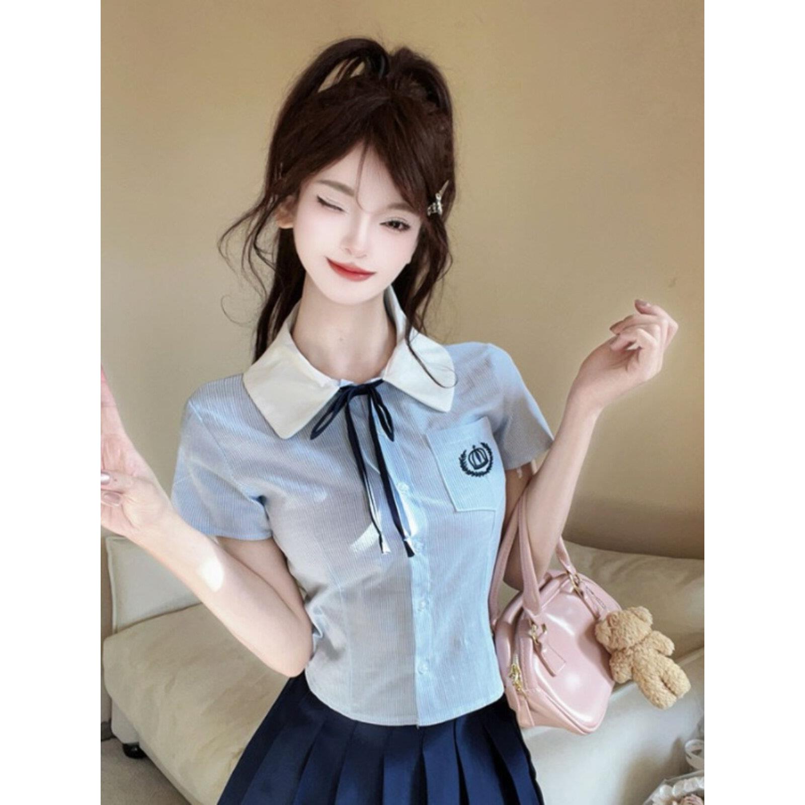 夏短袖衬衫女显瘦学生装学院风制服拼色翻领短款蝴蝶结减龄上衣