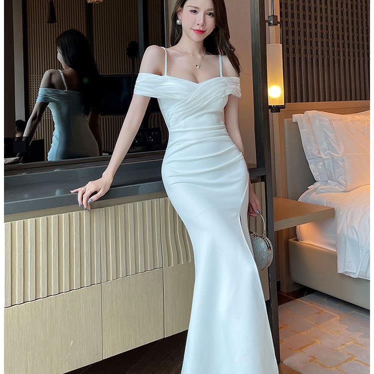 桑拿洗浴按摩沐足技师工作服气质开叉低胸性感晚礼服显瘦吊带长裙
