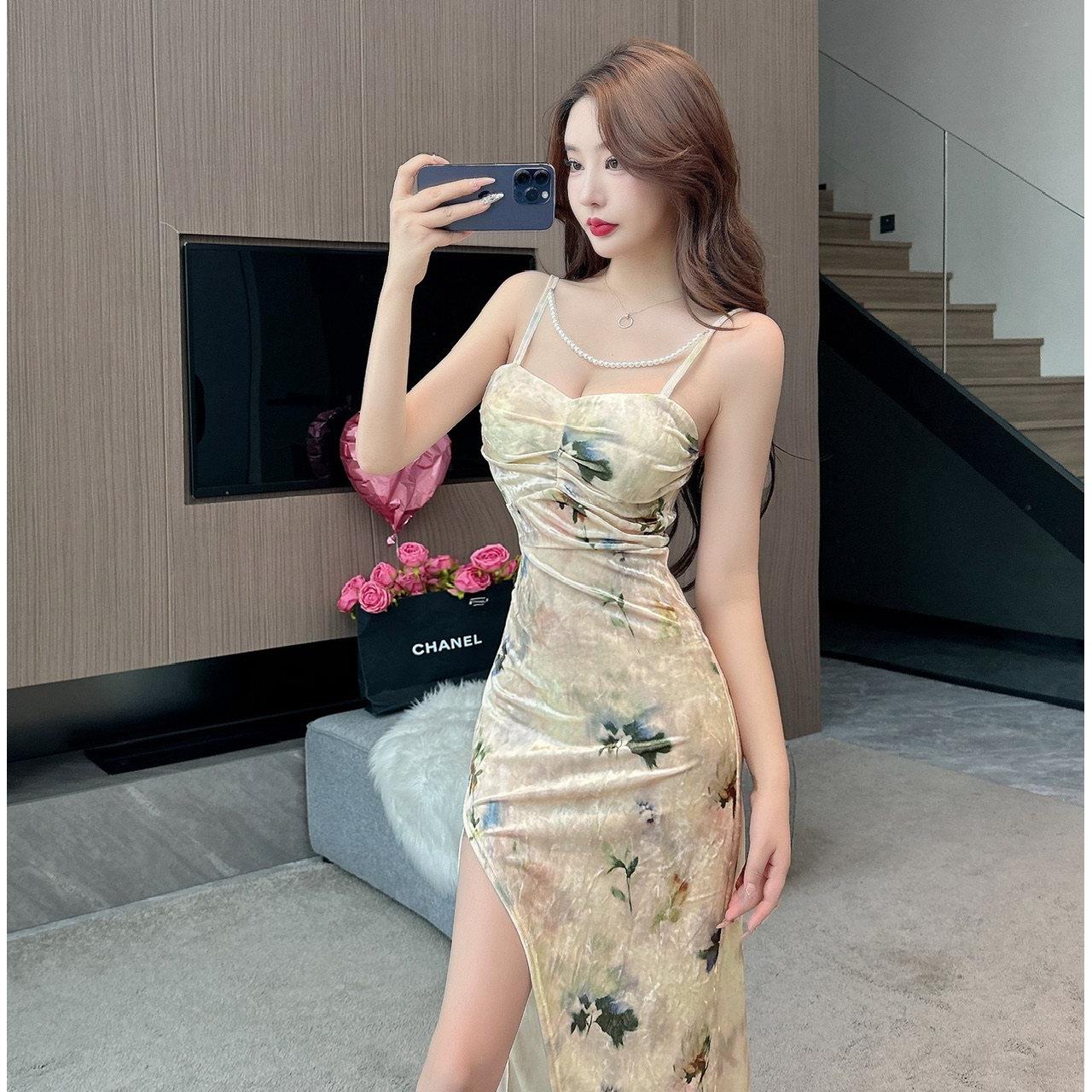 性感印花低胸露肩打底包臀高开衩吊带连衣裙名媛气质宴会晚礼服