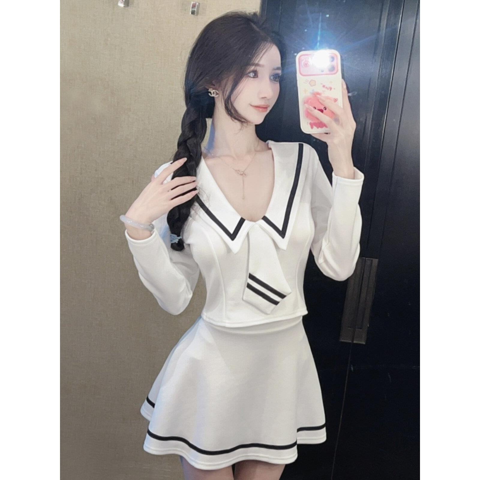 秋冬夜店技术人员工作服套装女学院风制服长袖上衣+高腰短裙两件