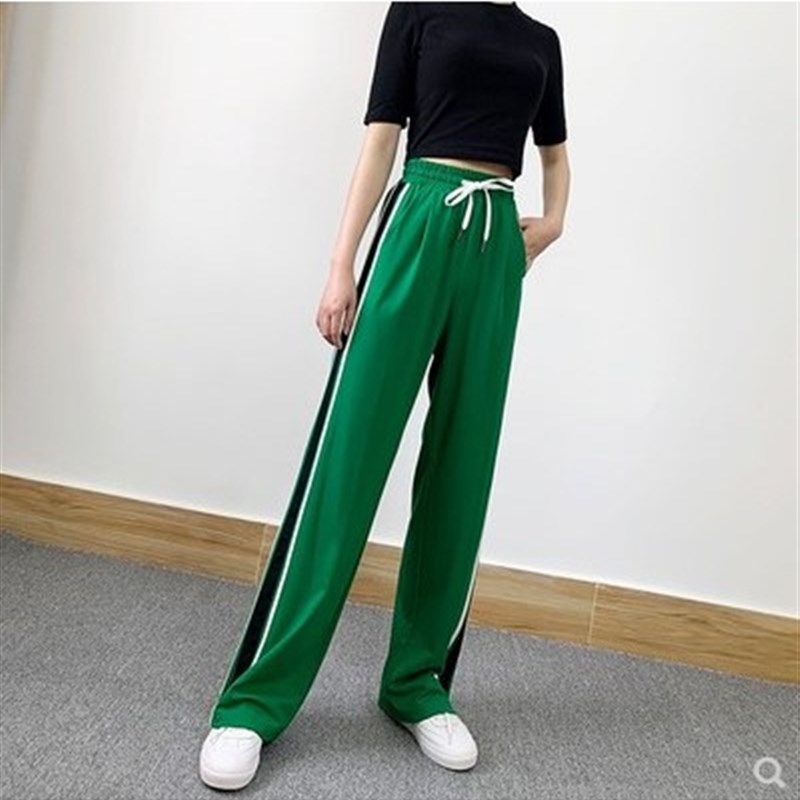 绿色休闲运动裤女夏网红薄款宽松健身跳操舞蹈直筒高腰条纹阔腿裤