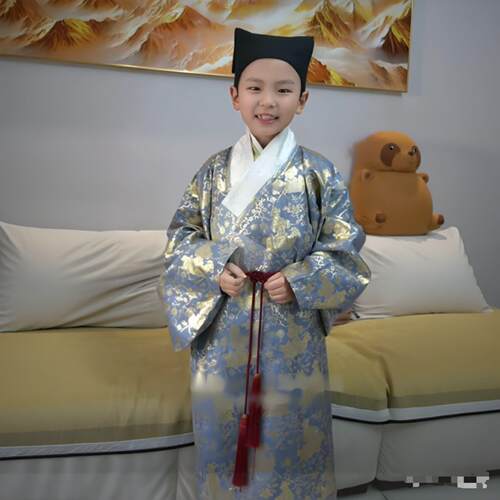 新款明制汉服儿童诗歌朗诵表演织金交领长袍日常春夏儿童表演汉服