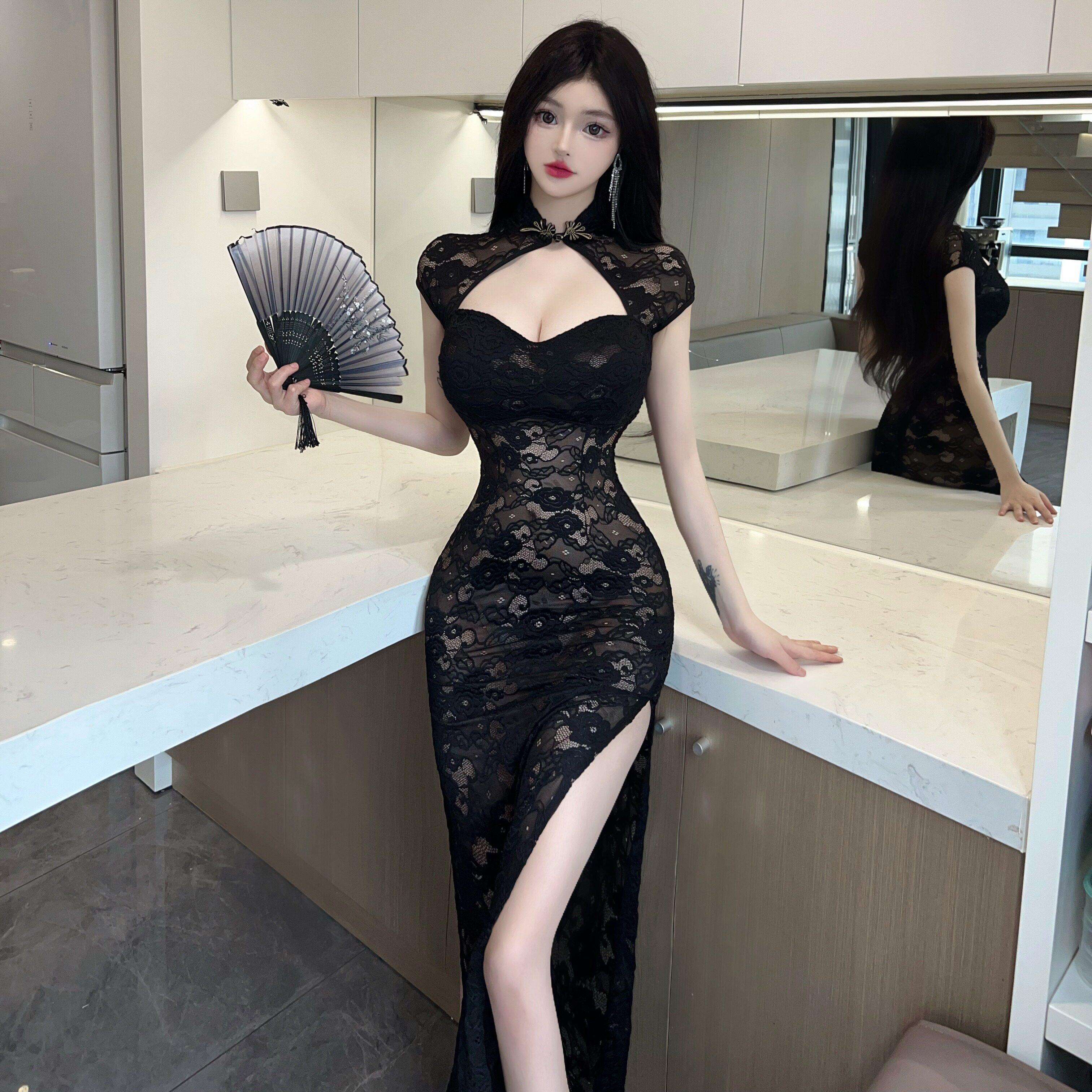 黑色蕾丝镂空开叉连衣裙女夏季覆古性感暗纹印花修身中式旗袍裙子