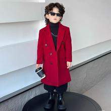 痞帅男童红色呢大衣冬装2024新款儿童外套男宝英伦风中大童中长款