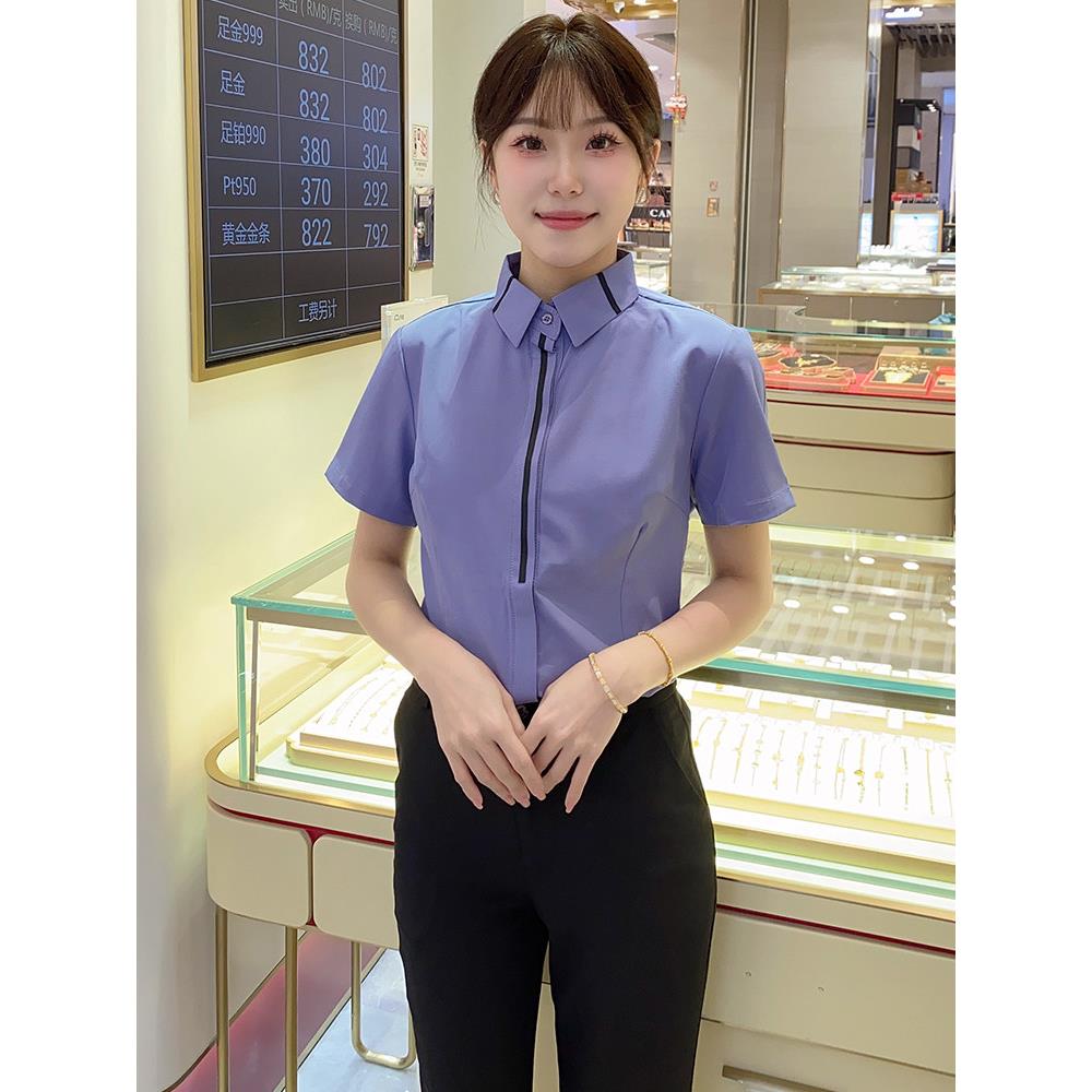 蓝衬衫女式短袖职业夏季新款优雅面试正装衬衫前台工作服套装