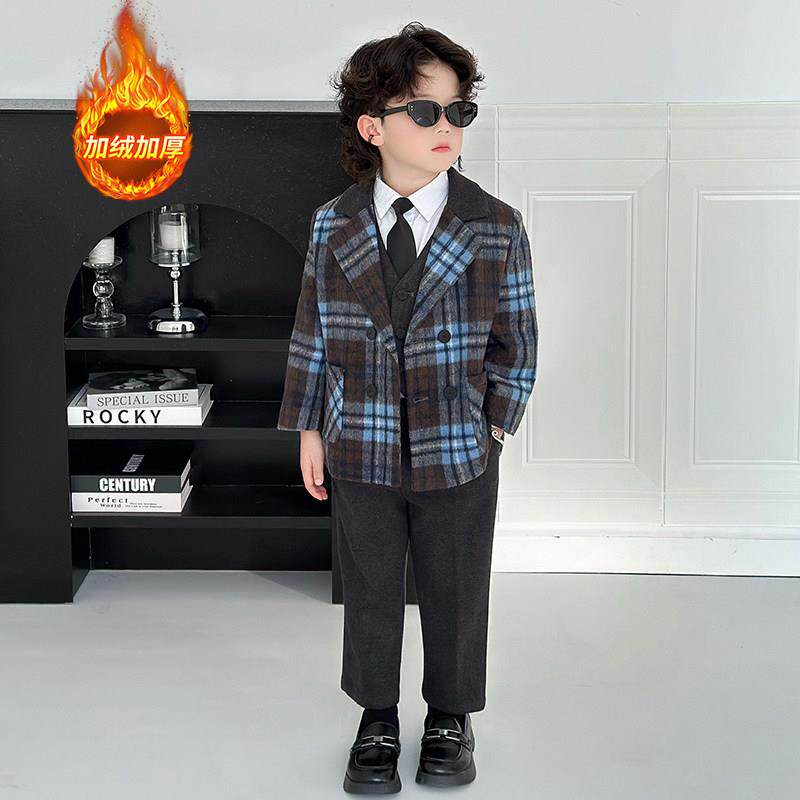 儿童西装毛呢套装2025冬季新款韩版休闲男童西服加厚保暖花童礼服