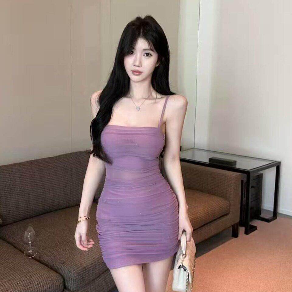 夜店女装性感网纱包臀裙简约褶皱收腰显身材会所佳丽吊带连衣裙子