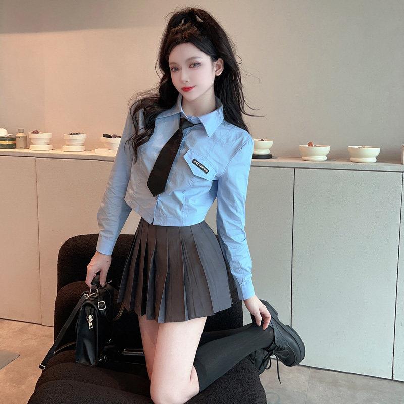 小个子制服套装女秋学院风短款上衣长袖蓝衬衫百褶裙两件套学生