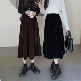 大码 垂感百褶a字子裙伞裙 女装 高腰黑色金丝绒半身裙2024秋冬新款