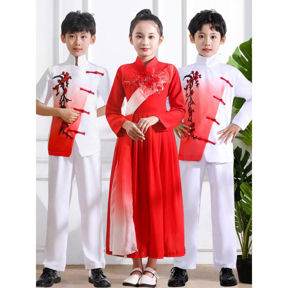 中国风中小学生爱国朗诵合唱演出服儿童诗歌比赛古筝服红色表演服