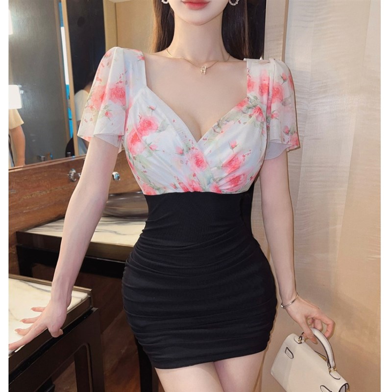夜场工作服性感印花网纱拼接紧身包臀低胸连衣裙子2025年新款夏季