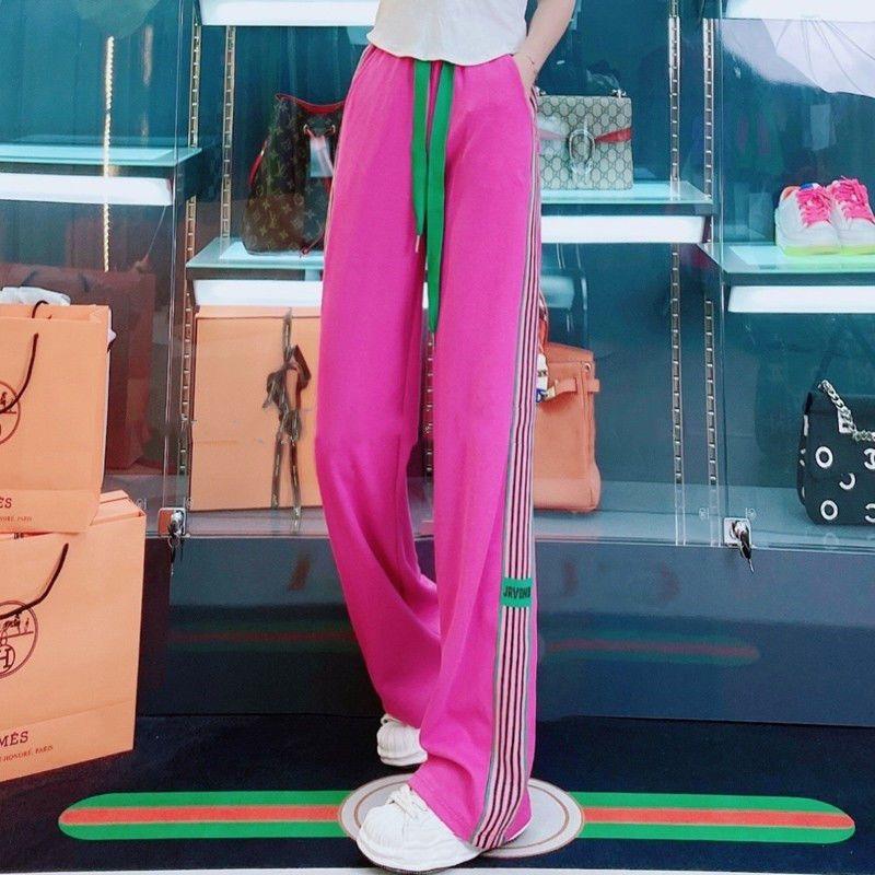 潮流高腰抽绳显瘦撞色侧边彩条阔腿裤女春秋款运动休闲裤女宽新松