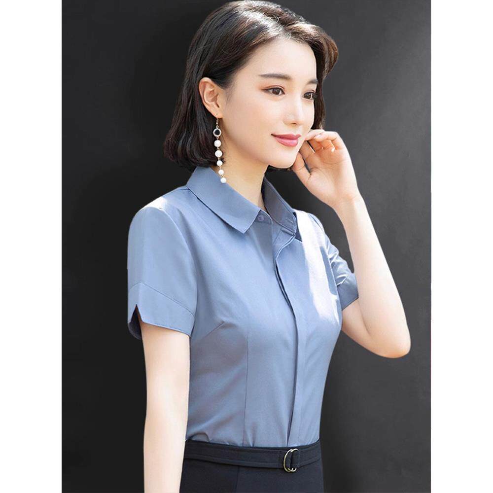 职业衬衫女夏季薄款短袖气质高端修身蓝色纯棉衬衣正装套装工作服