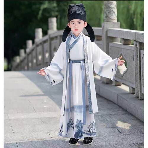 儿童古装汉服男童唐朝诗人李白杜甫古诗词朗诵国学服书生演出服装