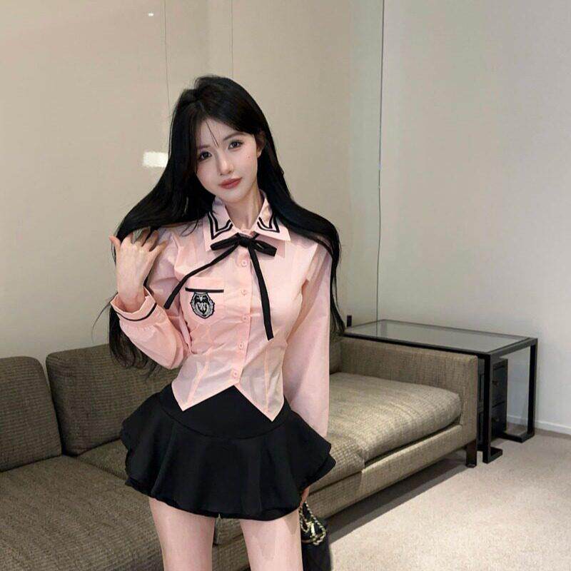 2025秋季新款学院风制服长袖衬衫女减龄蝴蝶结衬衣甜辣妹上衣潮