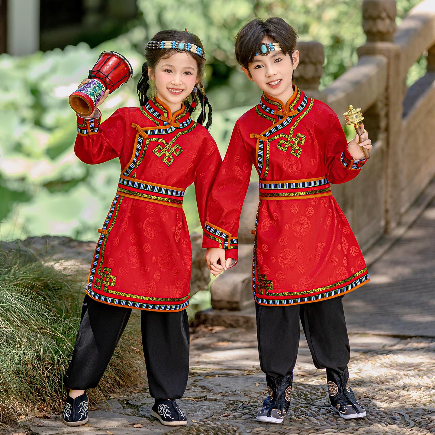 儿童蒙古族服装男童民族套装筷子舞白马舞蹈演出服草原蒙族袍男生