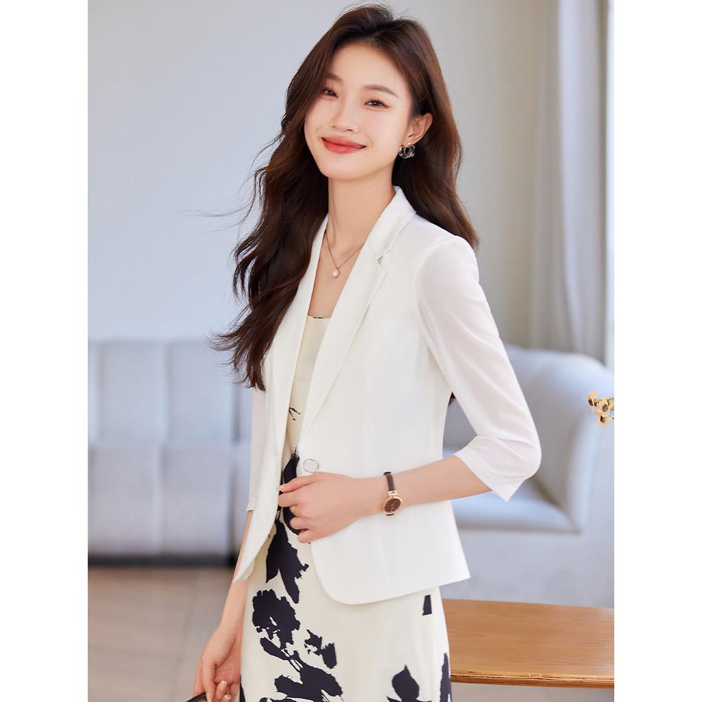 白色雪纺网纱袖西装外套女2025新款夏季薄款高级感短款西服套装裙