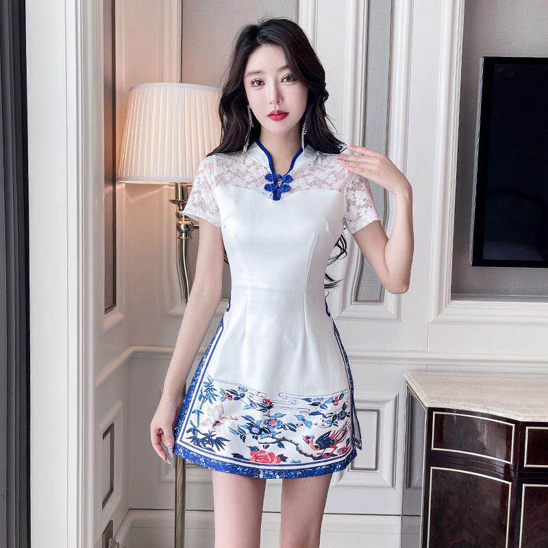 夜场女装改良旗袍桑拿技师工作服复古蕾丝显瘦连衣裙足浴按摩工装
