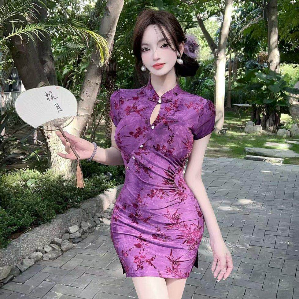 新中式国风改良旗袍连衣裙女夏季新款高级感收腰显瘦复古气质短裙