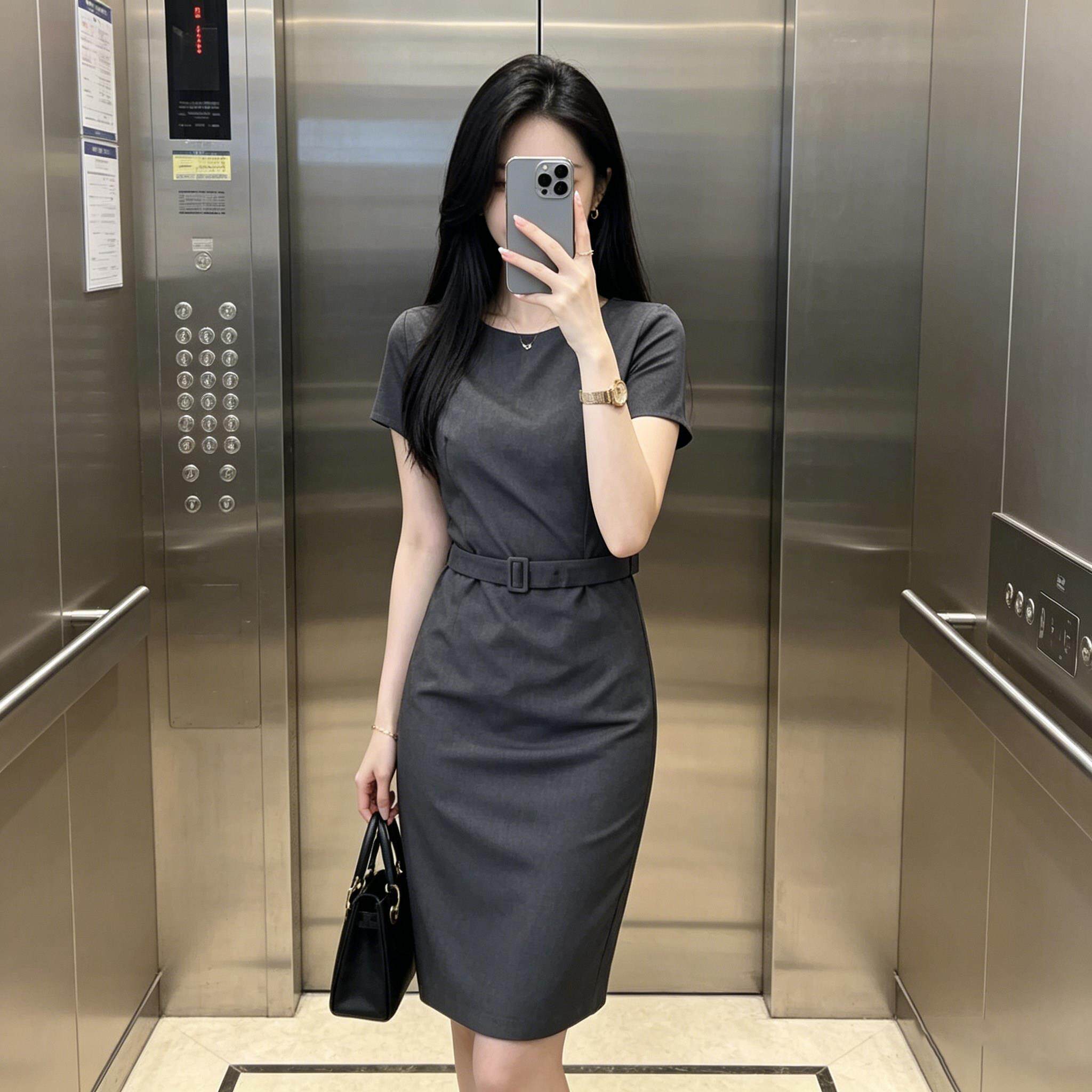 深灰色西装连衣裙女短袖圆领高级感职业装通勤显瘦气质包臀裙子薄