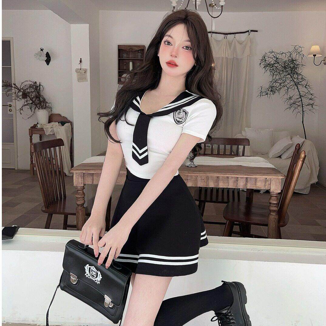 海军领学院风工作服性感水手制服套装性感翻领上衣字短裙两件