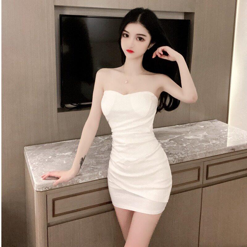 网红主播上镜衣服性感领低胸裹露背包臀短裙子夜场紧身连衣裙女