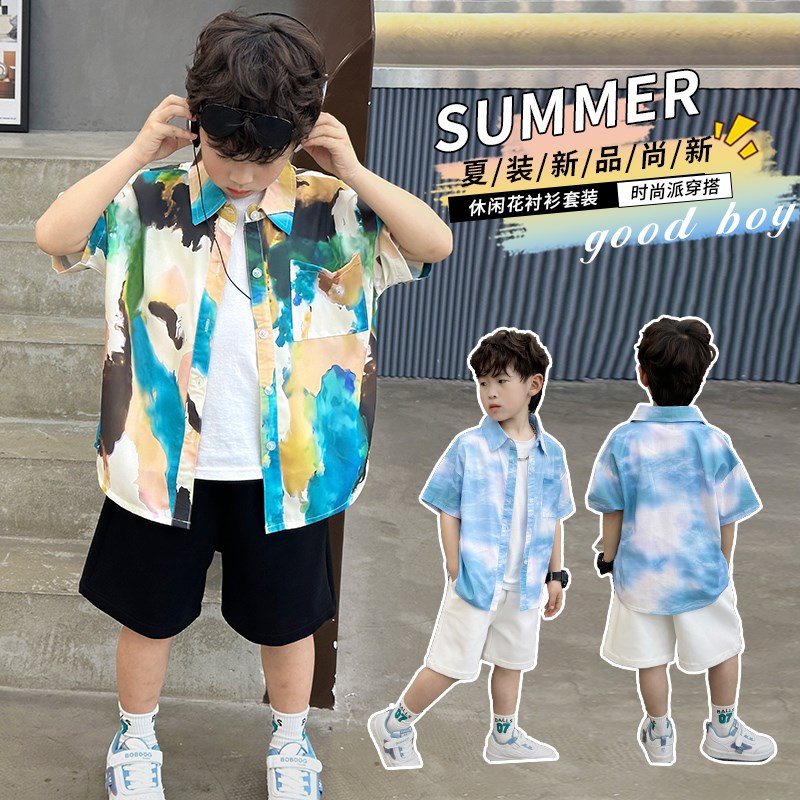 儿童花衬衫男童港风复古短袖套装六一夏季中大童痞帅个性印花衬衣