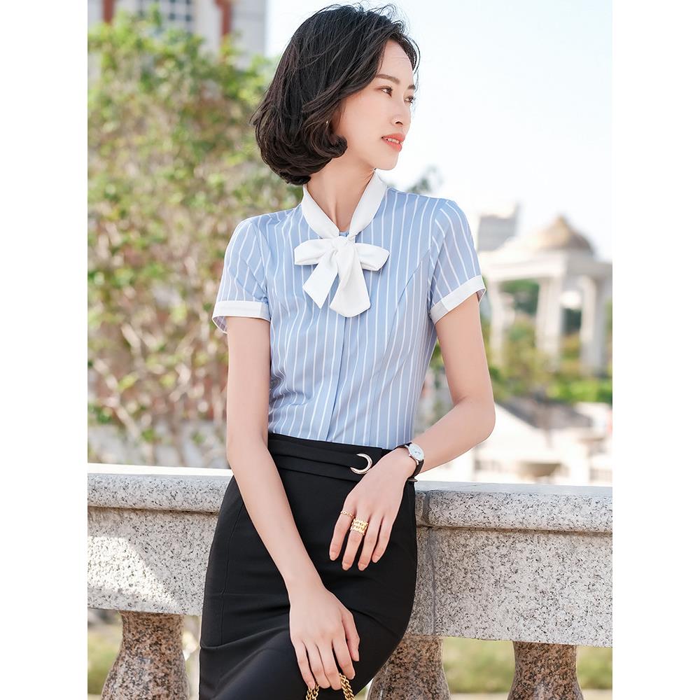 短袖蓝条纹女衬衫夏季薄专业正装衬衫短裙酒店前台气质工作服