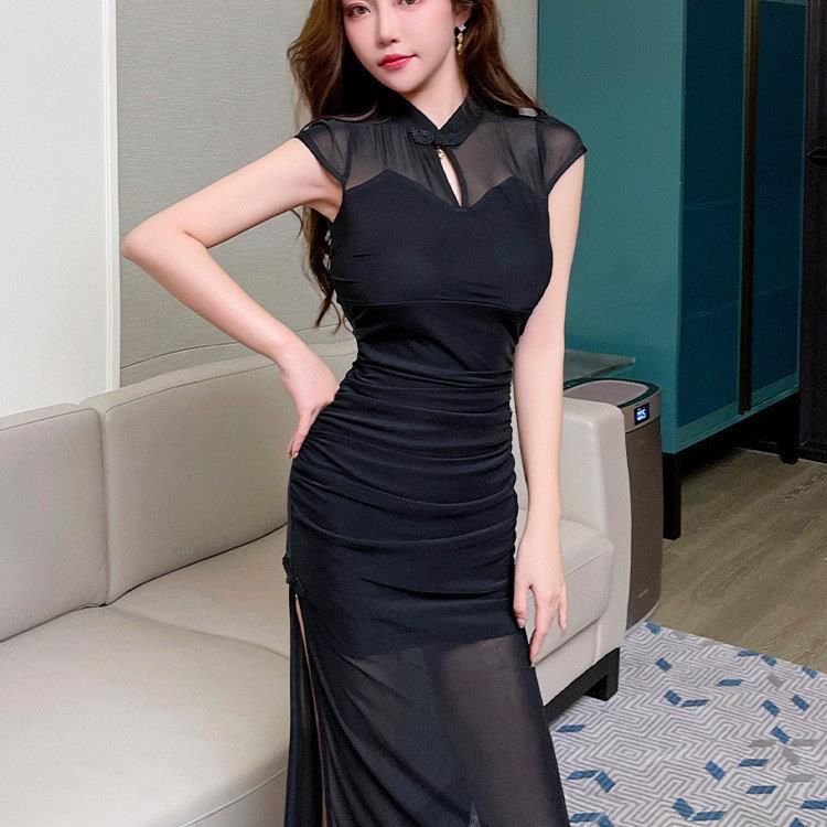 气质改良旗袍夜场性感黑色连衣裙女显瘦包臀裙足疗足浴技师工作服
