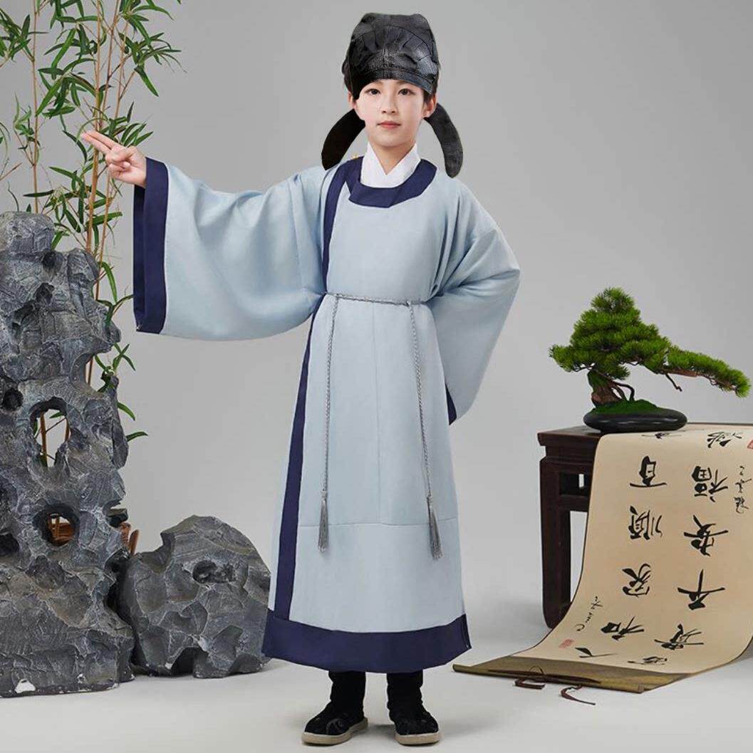 儿童古装汉服男童杜甫连体圆领宋朝诗人苏轼书童古诗词朗诵演出服