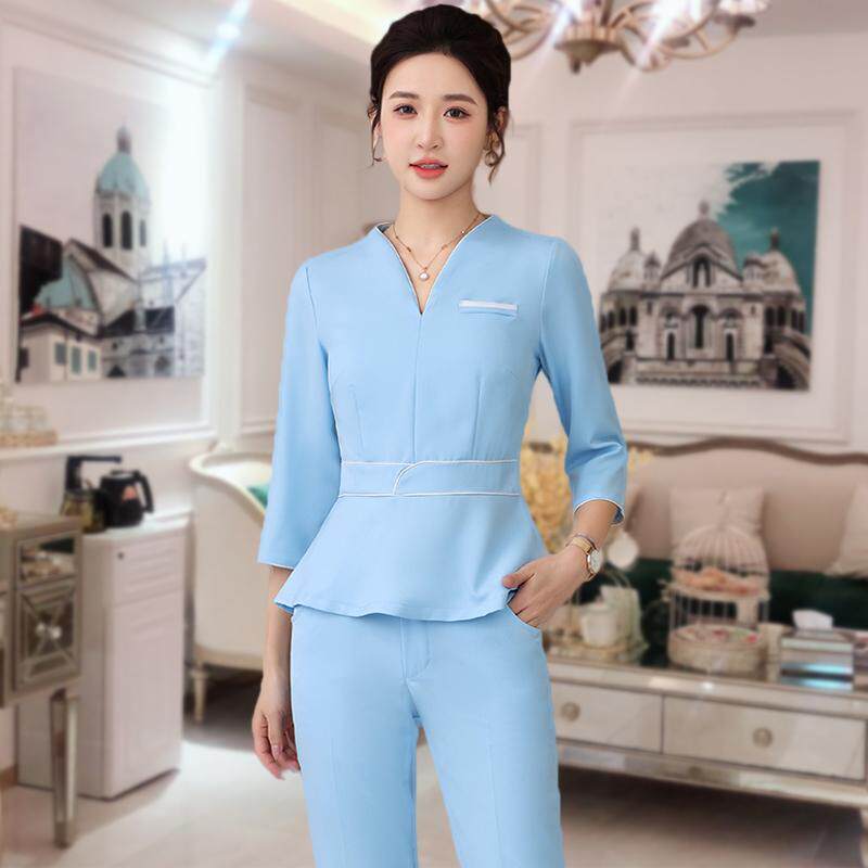 美容院工作服女美甲店采耳师中式时尚套装母婴养生馆工衣浅色工装