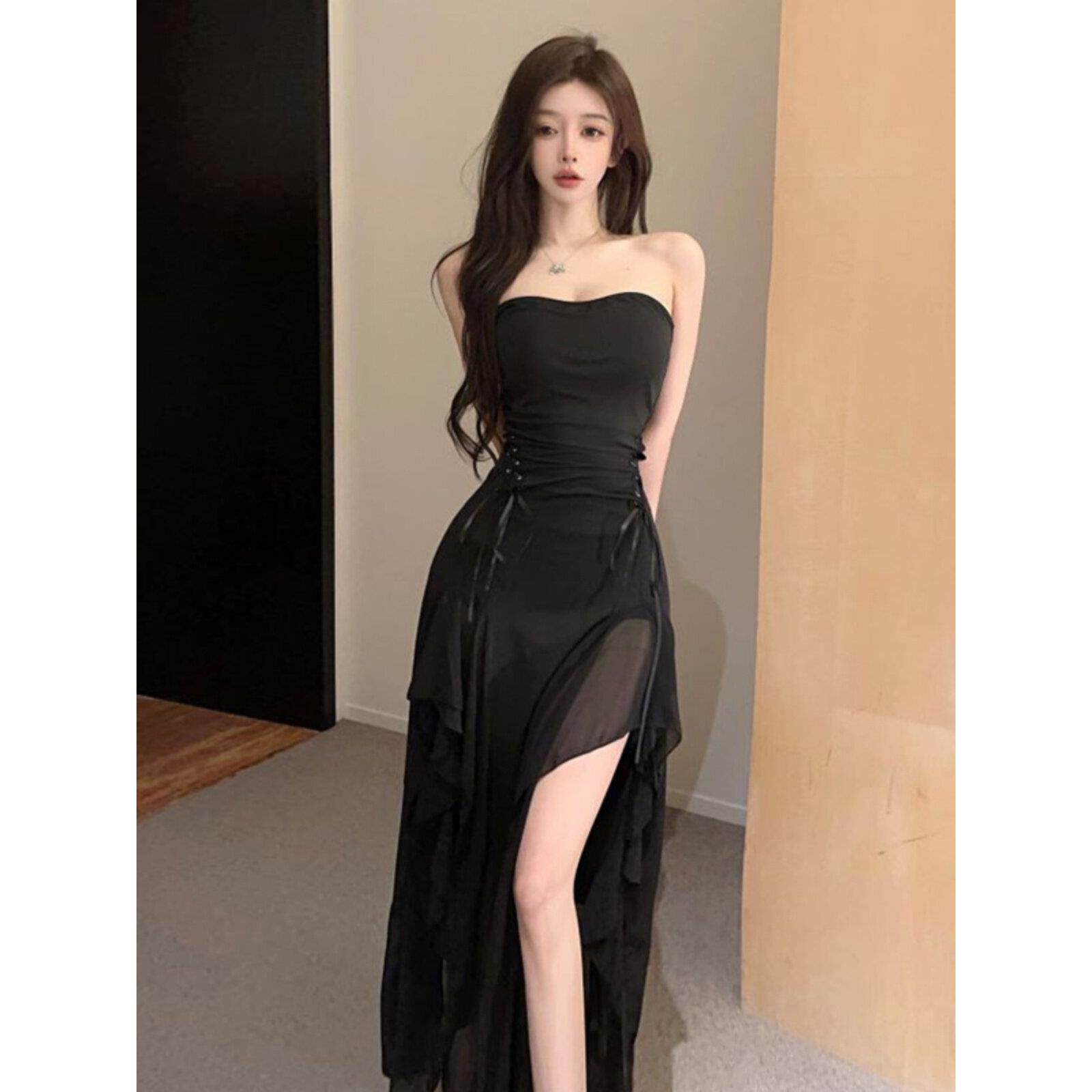 欧美性感辣妹风一字肩抹胸连衣裙高开叉露腿宴会礼服显瘦黑色长裙